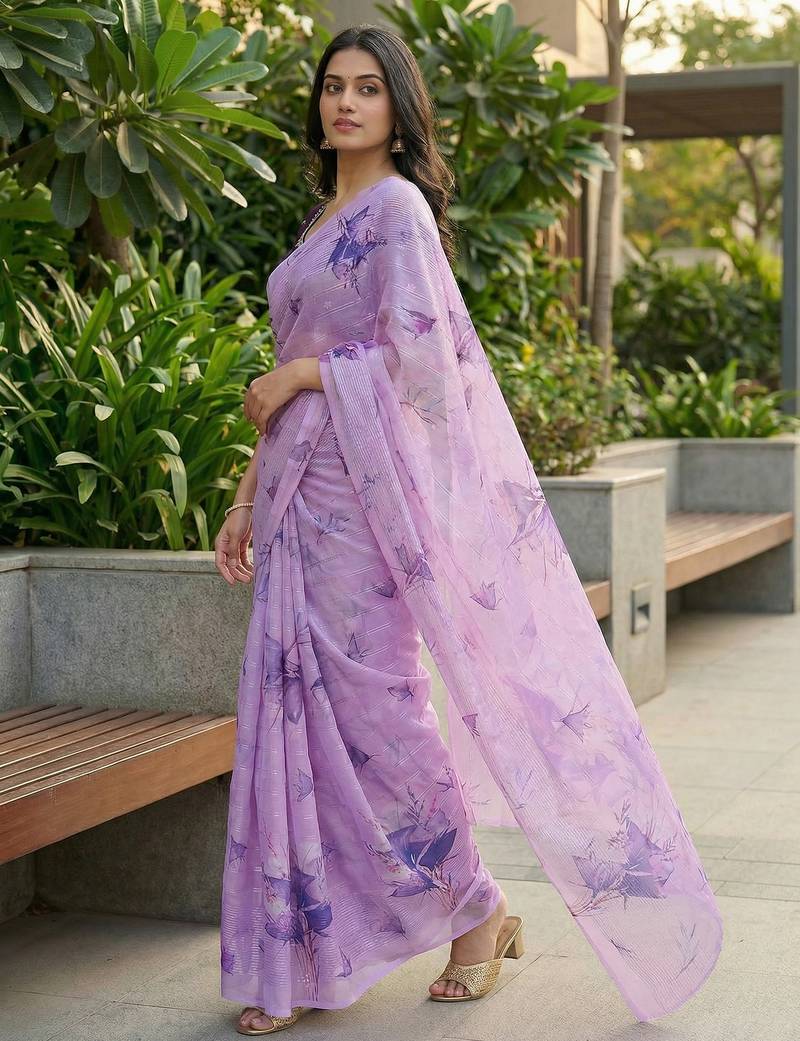 lavender color organza smart printed saree with embroidered blouse