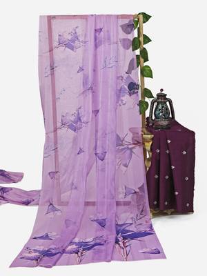 lavender color organza smart printed saree with embroidered blouse 5