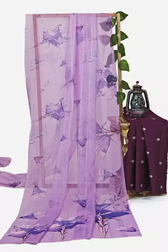 lavender color organza smart printed saree with embroidered blouse