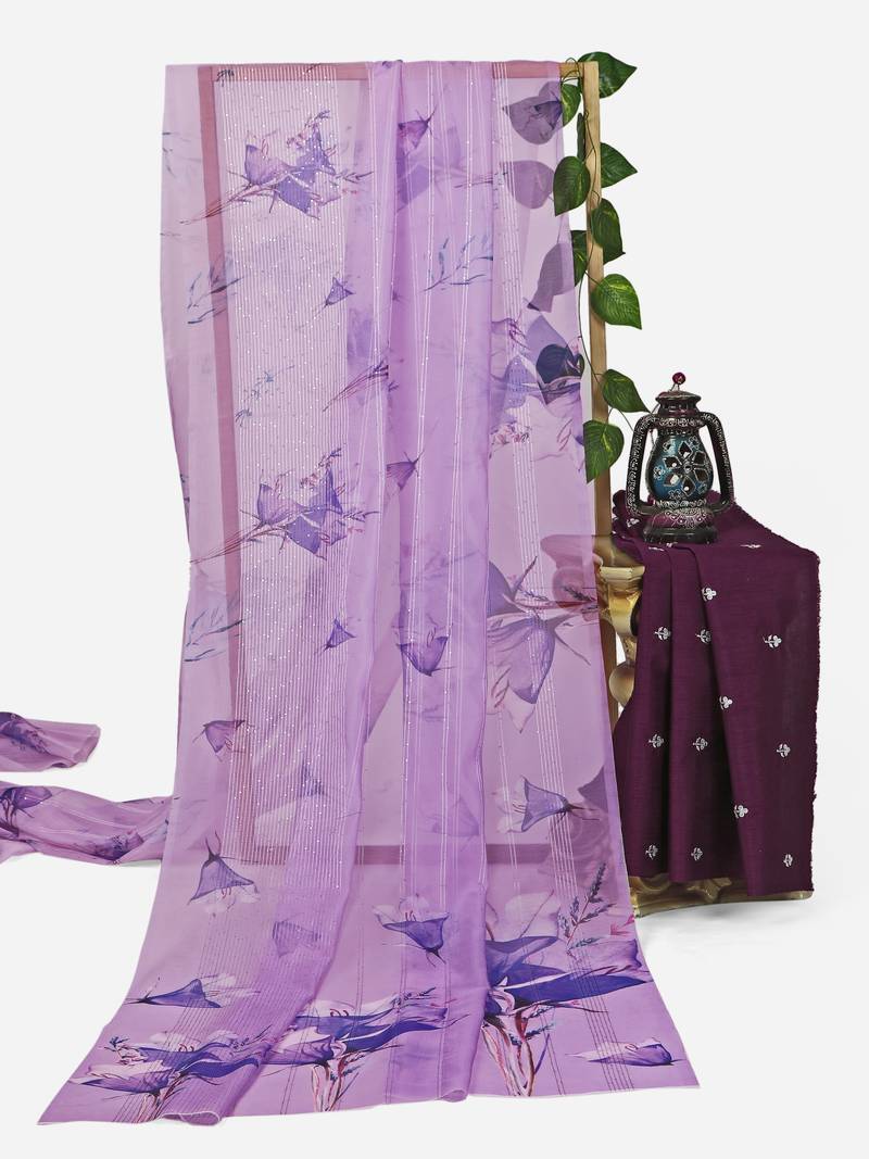 lavender color organza smart printed saree with embroidered blouse