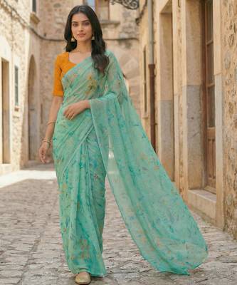sea green color organza smart printed saree with embroidered blouse 1