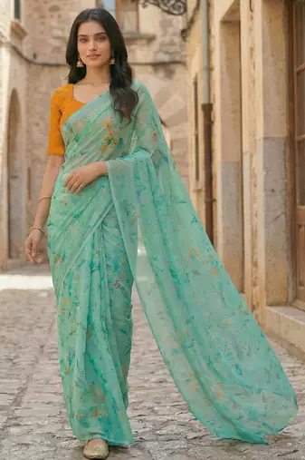 sea green color organza smart printed saree with embroidered blouse