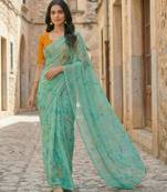 sea green color organza smart printed saree with embroidered blouse