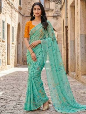 sea green color organza smart printed saree with embroidered blouse 2