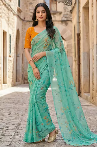 sea green color organza smart printed saree with embroidered blouse