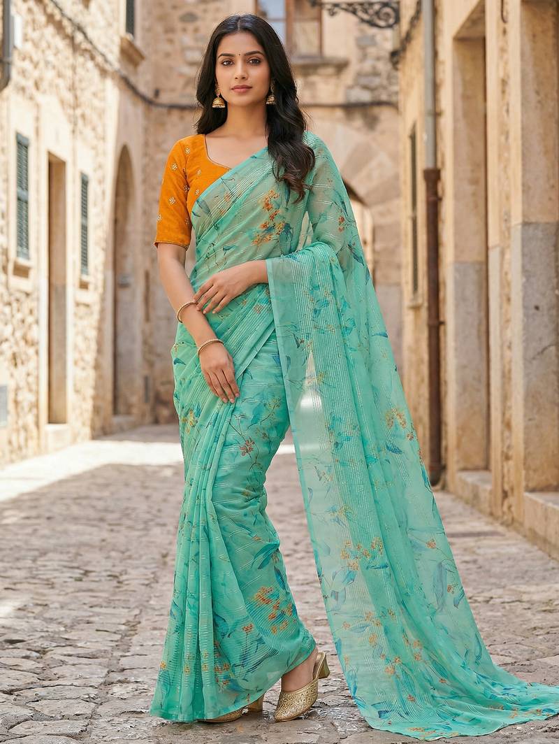 sea green color organza smart printed saree with embroidered blouse