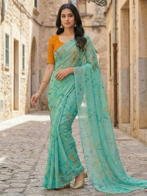 sea green color organza smart printed saree with embroidered blouse 4