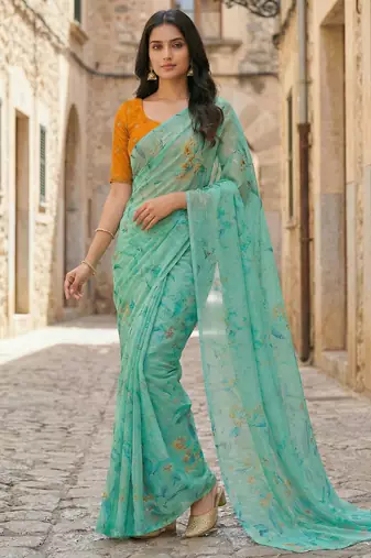 sea green color organza smart printed saree with embroidered blouse