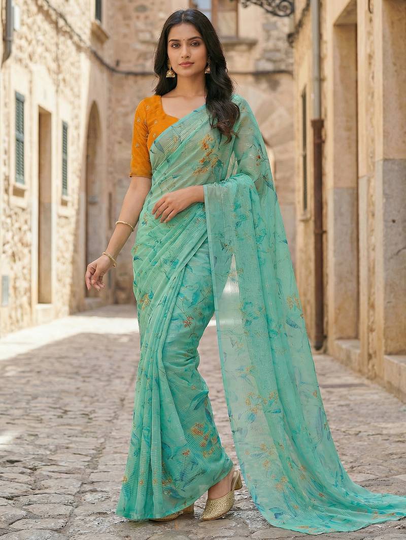 sea green color organza smart printed saree with embroidered blouse