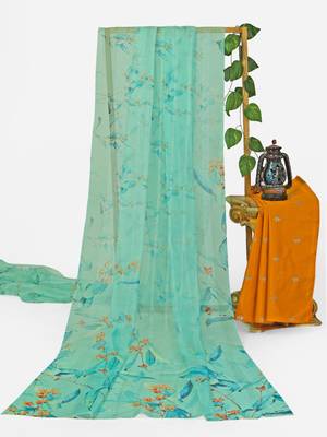 sea green color organza smart printed saree with embroidered blouse 5