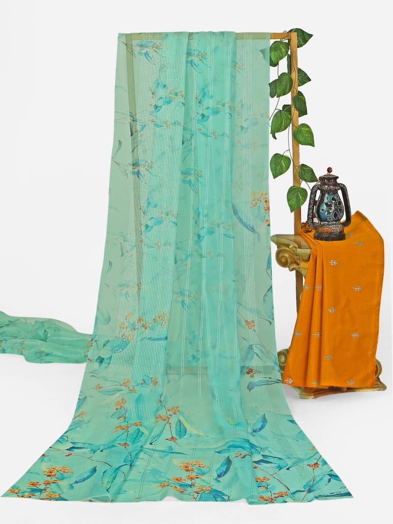 sea green color organza smart printed saree with embroidered blouse