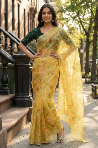 mustard color organza smart printed saree with embroidered blouse