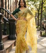 mustard color organza smart printed saree with embroidered blouse