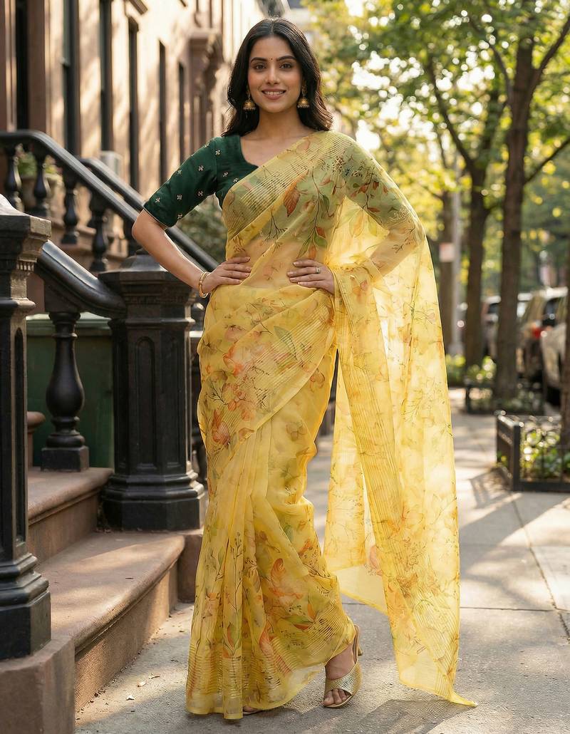 mustard color organza smart printed saree with embroidered blouse