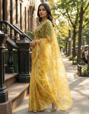 mustard color organza smart printed saree with embroidered blouse 2