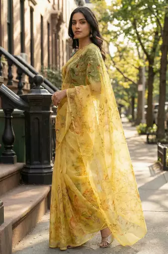 mustard color organza smart printed saree with embroidered blouse