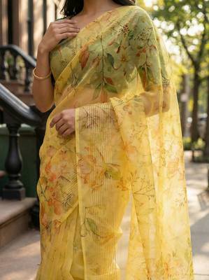 mustard color organza smart printed saree with embroidered blouse 3