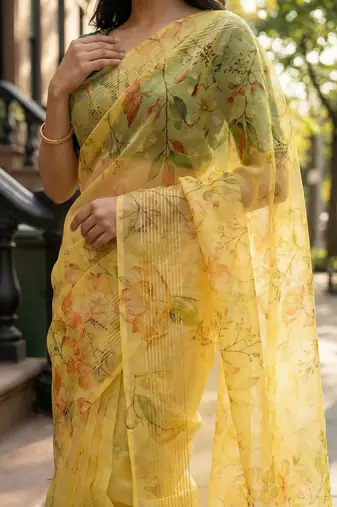 mustard color organza smart printed saree with embroidered blouse