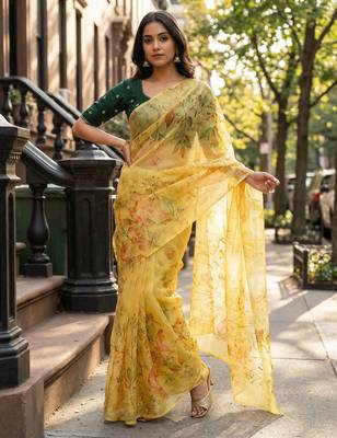 mustard color organza smart printed saree with embroidered blouse 4