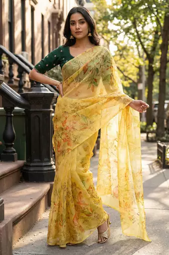 mustard color organza smart printed saree with embroidered blouse