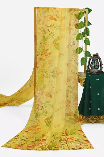 mustard color organza smart printed saree with embroidered blouse