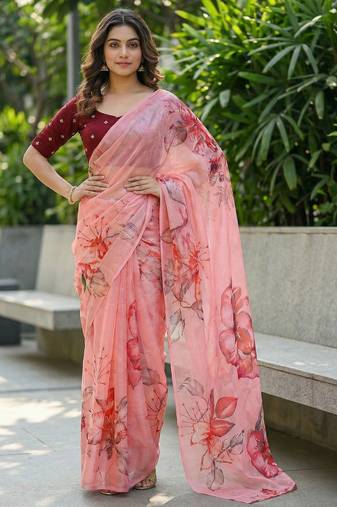 peach color organza smart printed saree with embroidered blouse