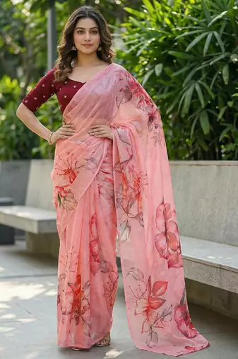 peach color organza smart printed saree with embroidered blouse