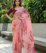 peach color organza smart printed saree with embroidered blouse