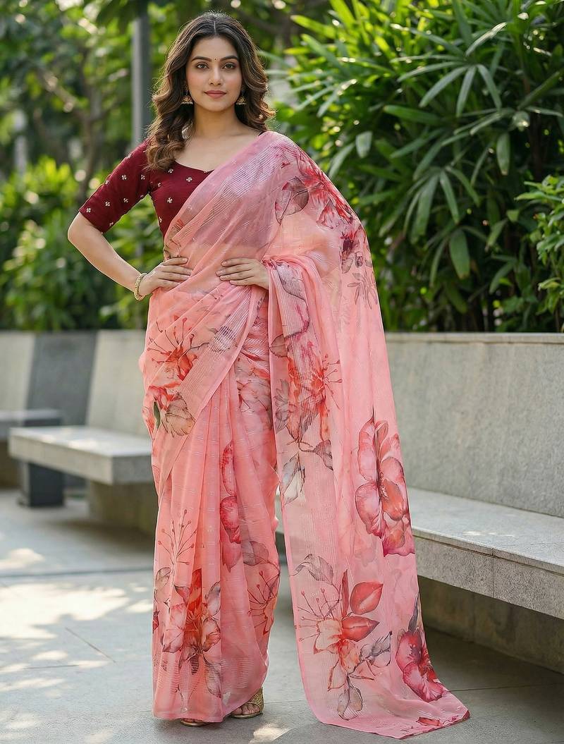 peach color organza smart printed saree with embroidered blouse