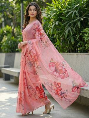 peach color organza smart printed saree with embroidered blouse 2