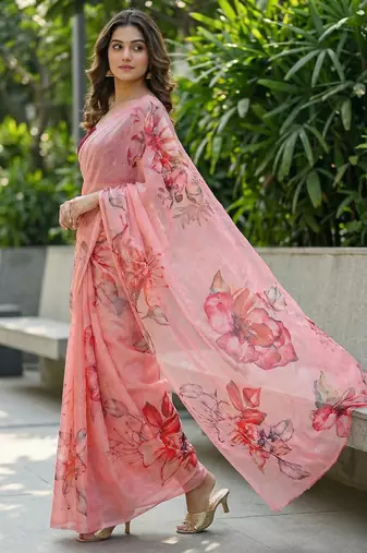 peach color organza smart printed saree with embroidered blouse