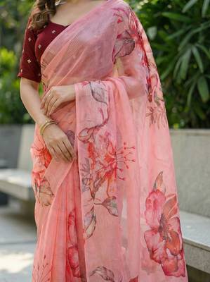 peach color organza smart printed saree with embroidered blouse 3