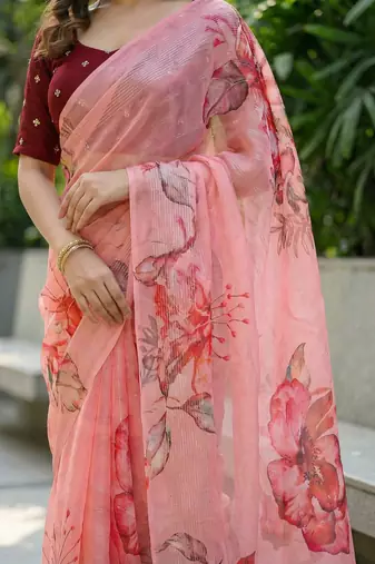 peach color organza smart printed saree with embroidered blouse