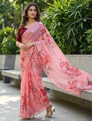 peach color organza smart printed saree with embroidered blouse 4