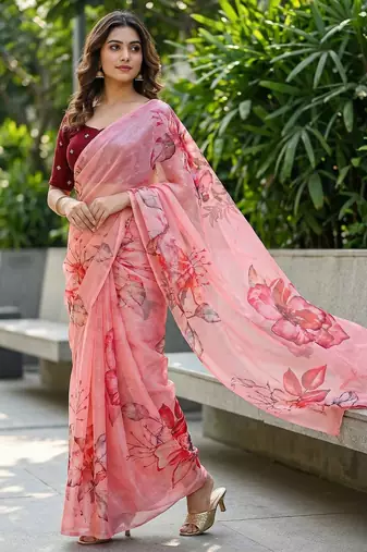 peach color organza smart printed saree with embroidered blouse
