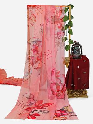peach color organza smart printed saree with embroidered blouse 5