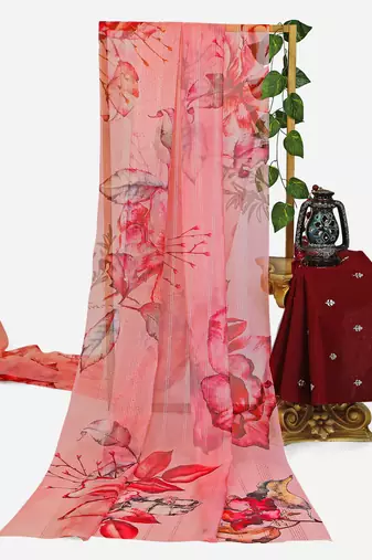 peach color organza smart printed saree with embroidered blouse
