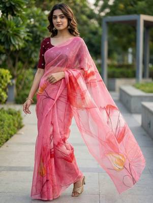 pink color organza smart printed saree with embroidered blouse 1