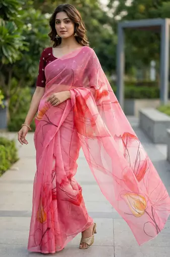 pink color organza smart printed saree with embroidered blouse