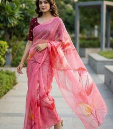pink color organza smart printed saree with embroidered blouse