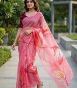 pink color organza smart printed saree with embroidered blouse