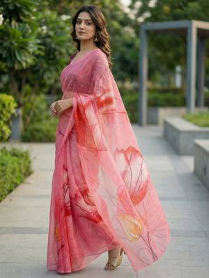 pink color organza smart printed saree with embroidered blouse 2