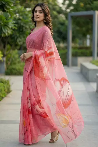pink color organza smart printed saree with embroidered blouse