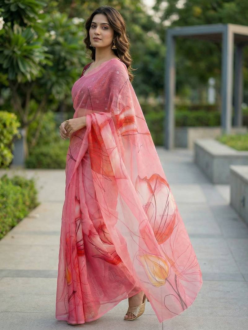 pink color organza smart printed saree with embroidered blouse