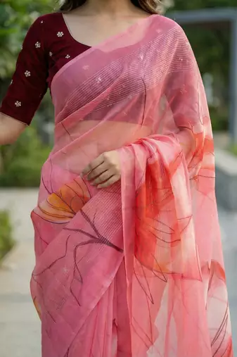 pink color organza smart printed saree with embroidered blouse