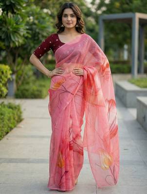 pink color organza smart printed saree with embroidered blouse 4