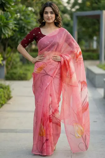 pink color organza smart printed saree with embroidered blouse