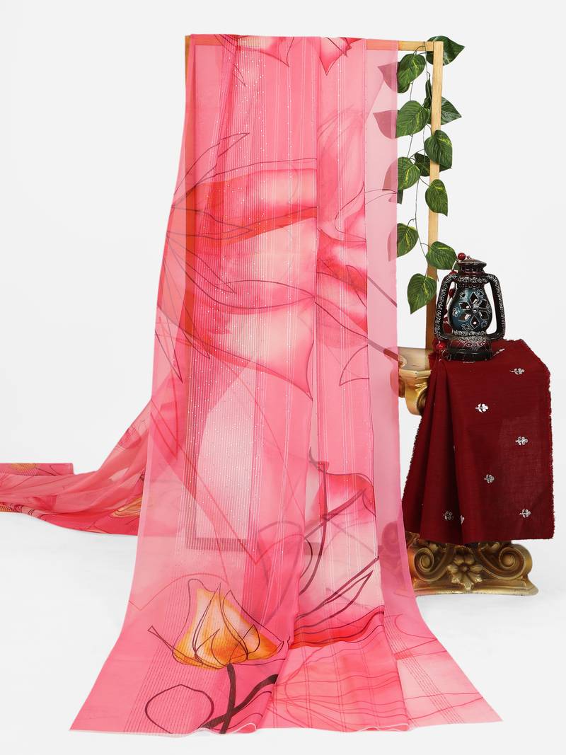 pink color organza smart printed saree with embroidered blouse