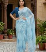 sky blue color organza smart printed saree with embroidered blouse