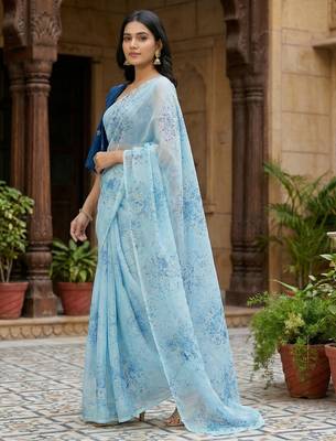 sky blue color organza smart printed saree with embroidered blouse 2